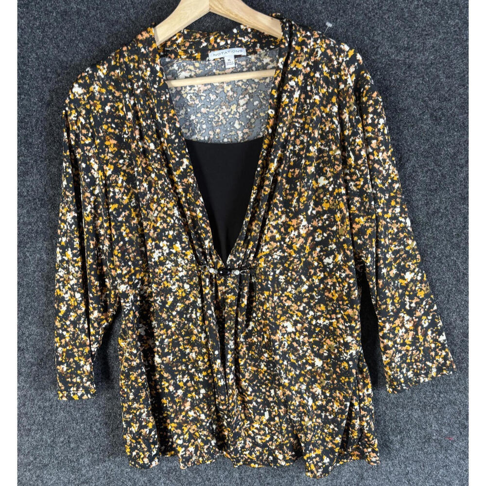 Notations Blouse Women XL Black Geometric V-Neck 3/4 Sleeve Pullover Casual